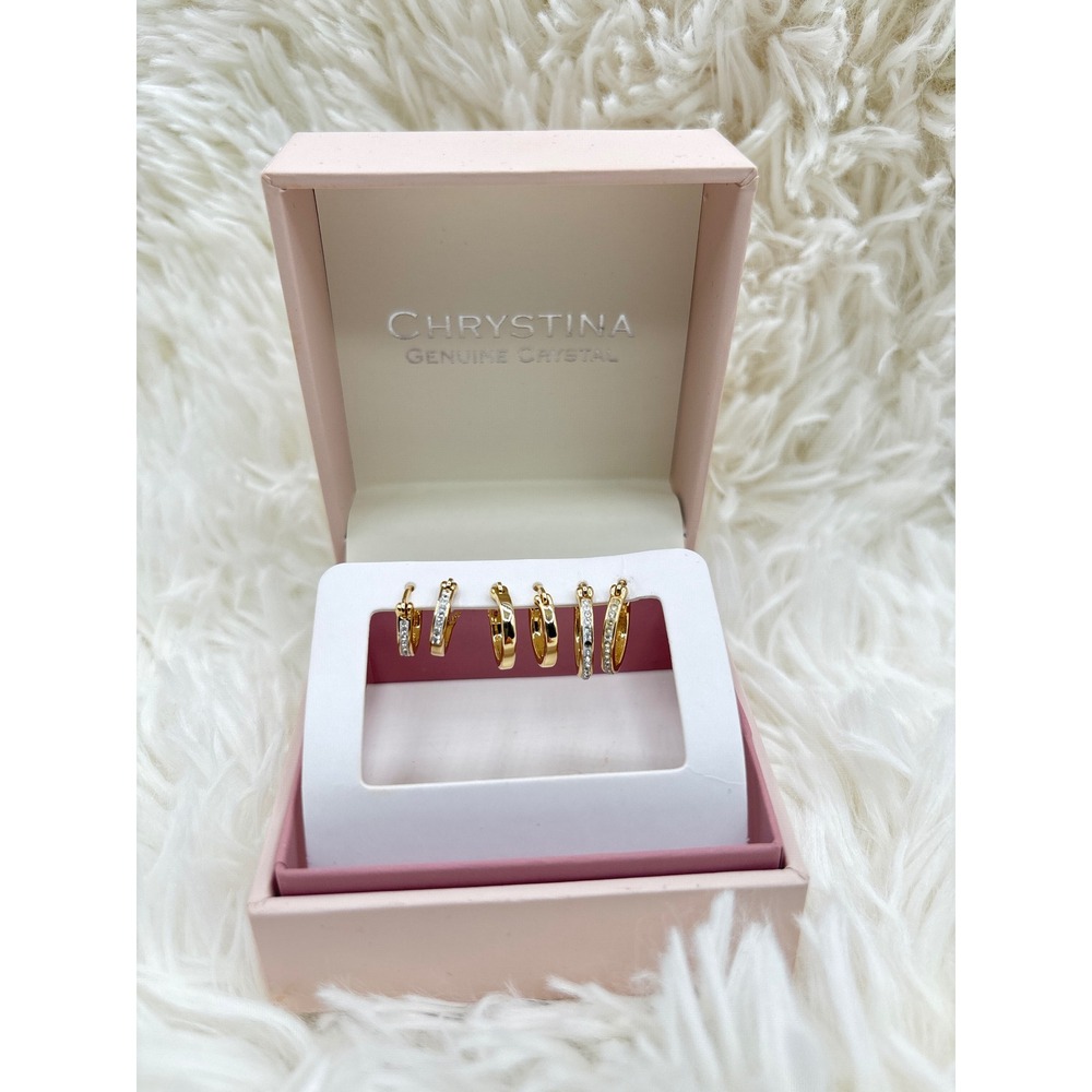 Chrystina Genuine Crystal 3 Pair Hoop Earring Set‎ Gold Tone Fine Silver Plated